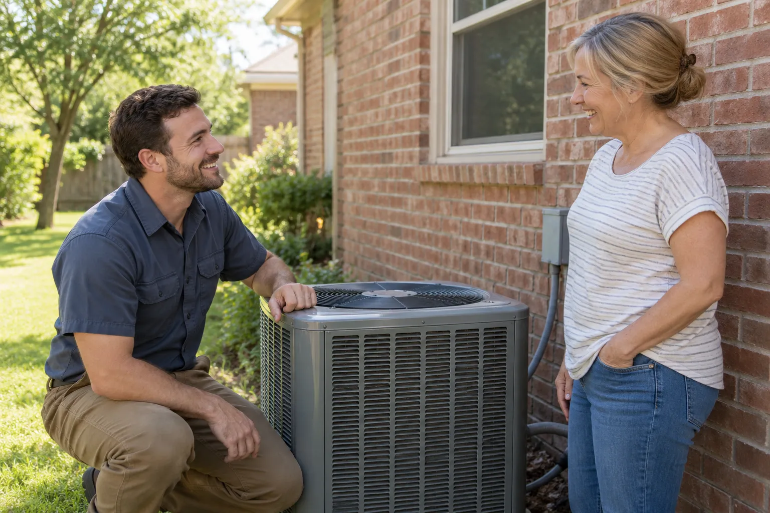 A friendly HVAC provider talking with a homeowner beside an outdoor AC unit near Charlotte